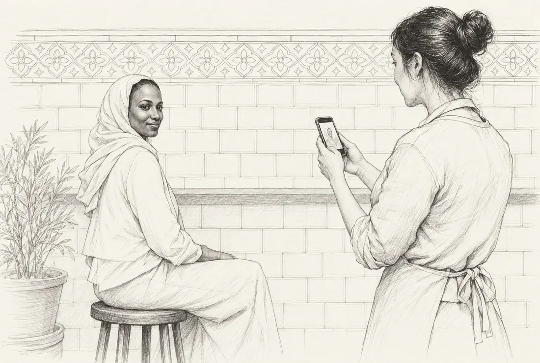 Pencil drawing of a woman on a stool by a tiled cafe wall, looking back over her shoulder while the cafe owner takes her photo on a phone