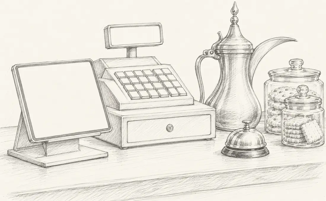 Placeholder pencil drawing of a cafe counter with a tablet and a till