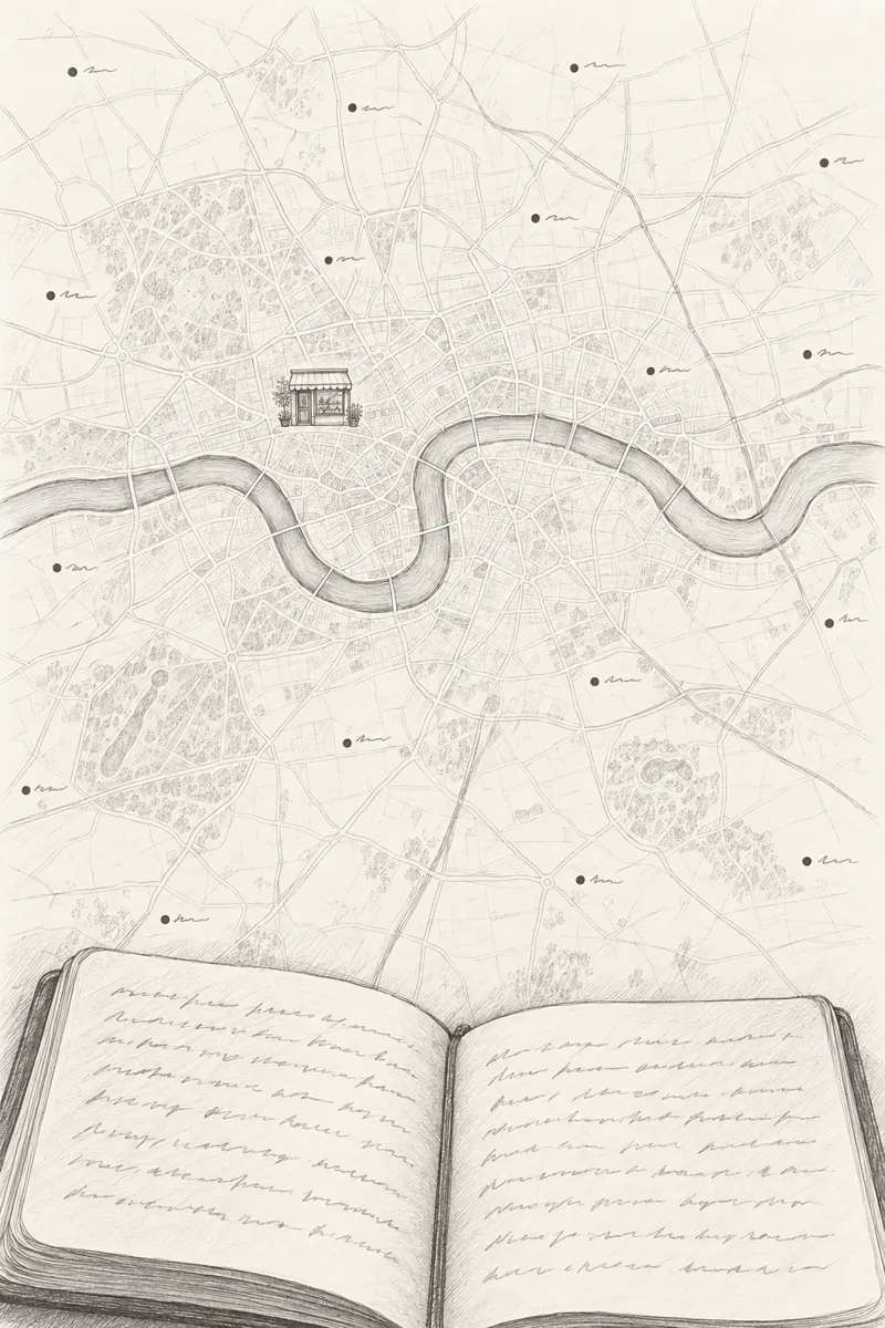 Pencil drawing of an open notebook with a map of London above it, dots scattered across the city