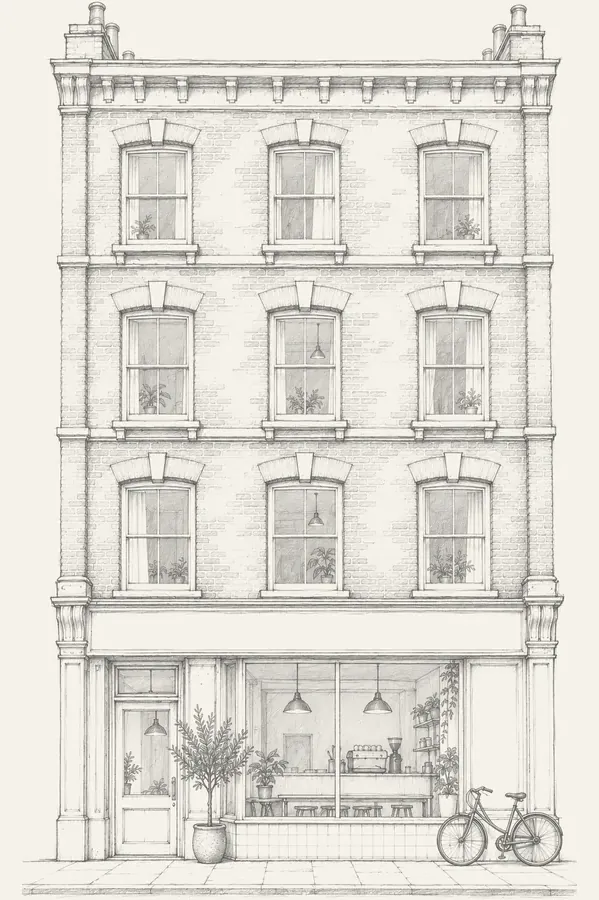 Placeholder pencil drawing of Nour Coffee, an example specialty coffee shop