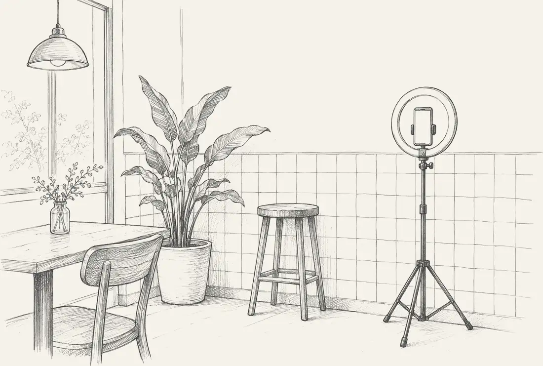 Placeholder pencil drawing of a cafe's tiled photo wall with a phone on a tripod and a stool