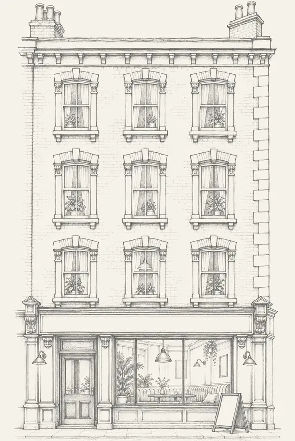 Placeholder pencil drawing of Saffron Chai House on a street corner