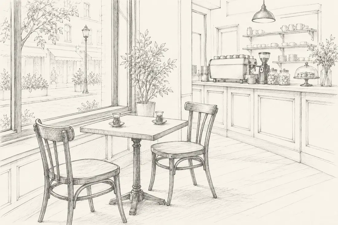 Placeholder pencil drawing of a window table for two in a cafe, the counter behind it
