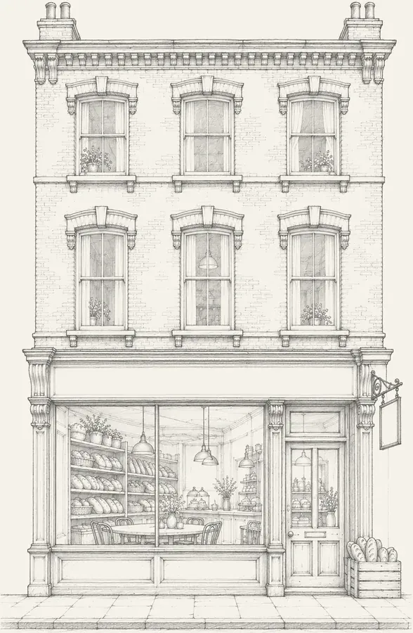 Placeholder pencil drawing of Bayt Bakehouse, an example bakery and cafe