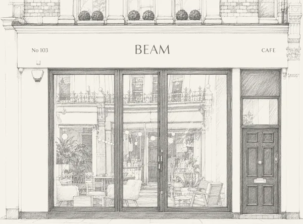 Pencil drawing of the front of Beam, a cafe in Notting Hill, London