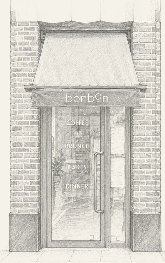 Pencil drawing of the front of bonbon, a cafe in Kensington, London
