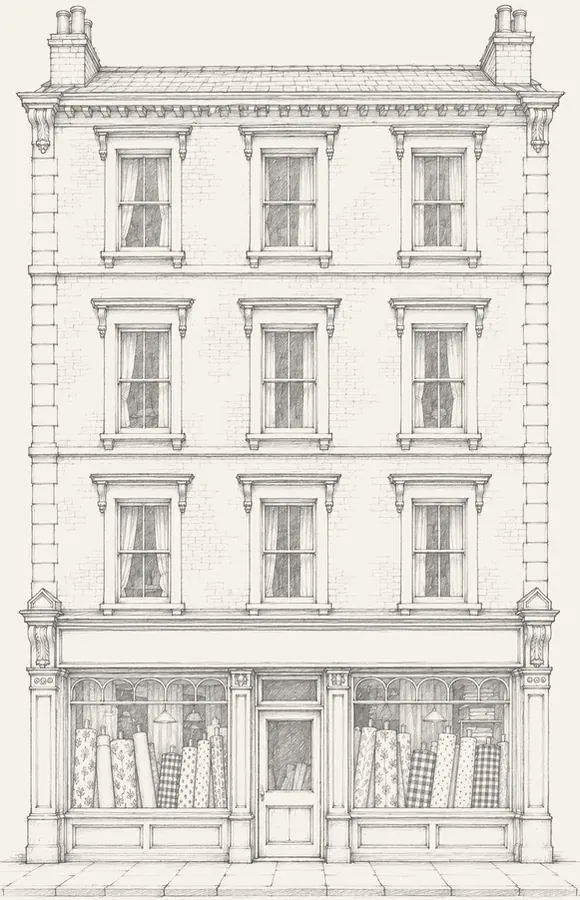 Placeholder pencil drawing of a fabric shop on the example street
