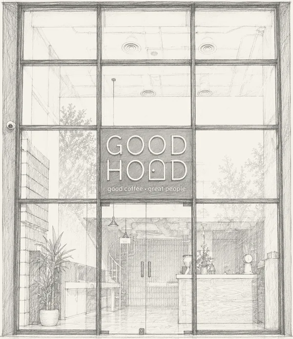 Pencil drawing of the front of GOODHOOD, a cafe in Ash Shati, Jeddah