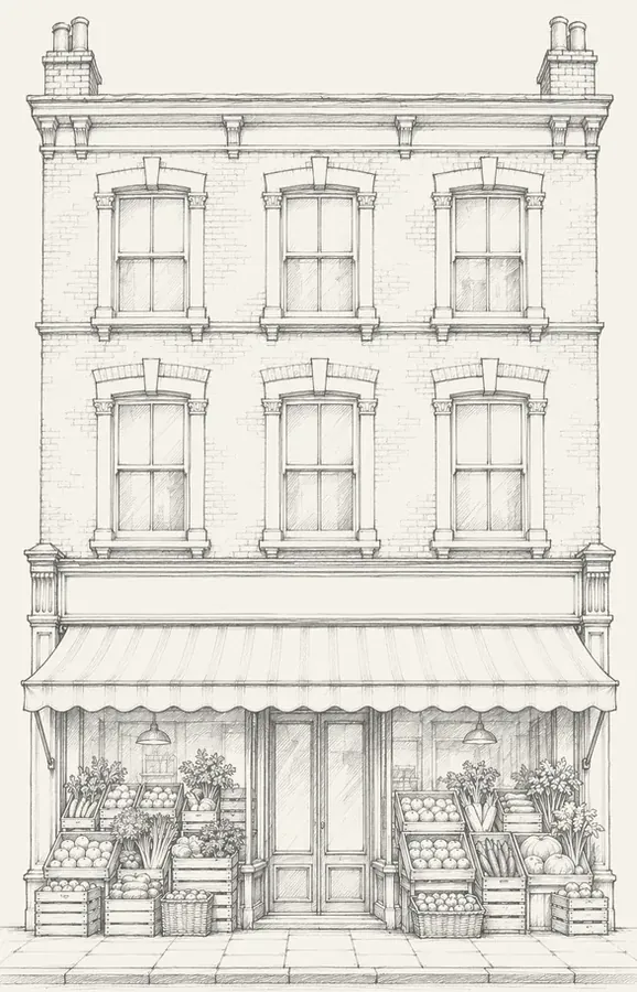 Placeholder pencil drawing of a greengrocer on the example street