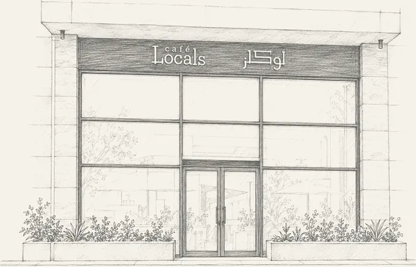 Pencil drawing of the front of Locals Cafe, a cafe in Al Andalus, Jeddah