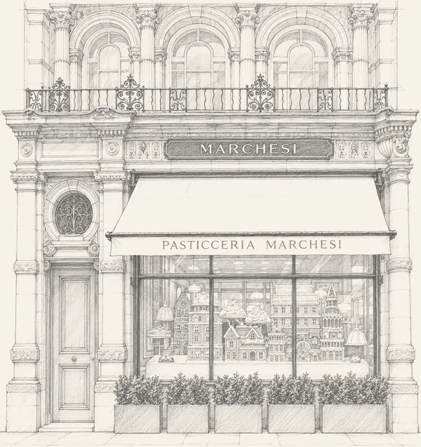 Pencil drawing of the front of Marchesi 1824, a cafe in Mayfair, London