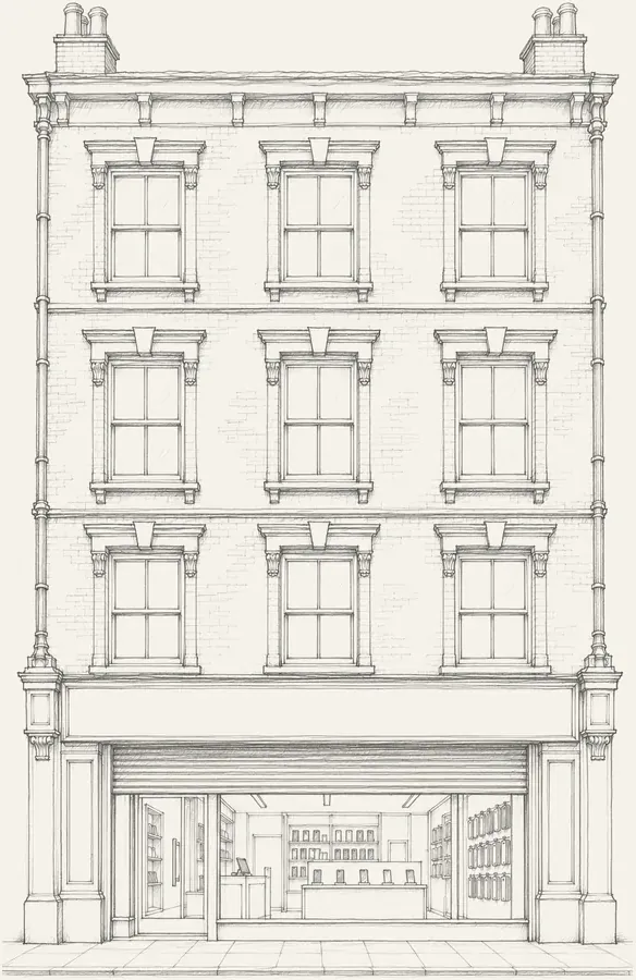 Placeholder pencil drawing of a phone repair shop on the example street