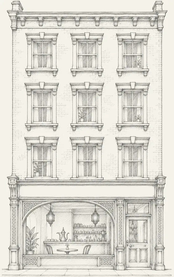 Placeholder pencil drawing of Qamar Coffee House, an example Yemeni coffee house