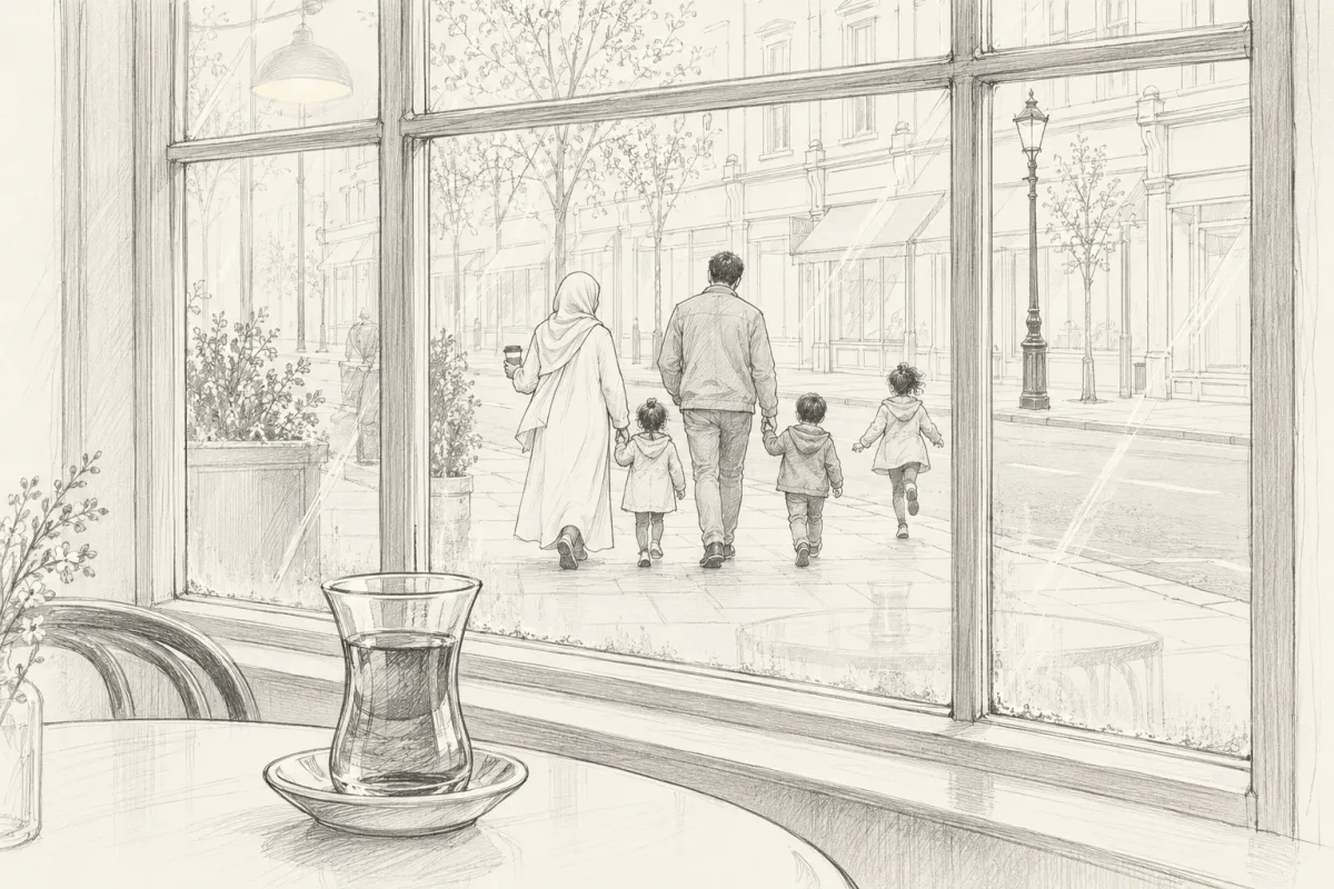 Pencil drawing seen from a cafe table through the window: a woman with a takeaway coffee walks away down the street with her husband and their three children, one skipping ahead
